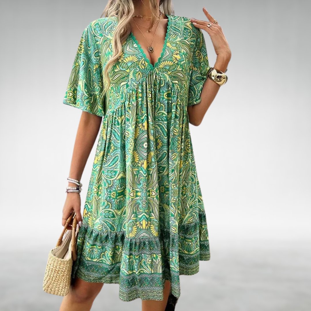 Boho Paisley Mini Dress V-Neck Short Sleeve - Green