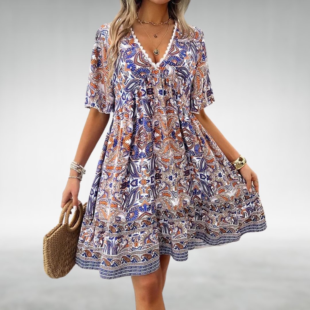 Boho Paisley Mini Dress V-Neck Short Sleeve - Blue