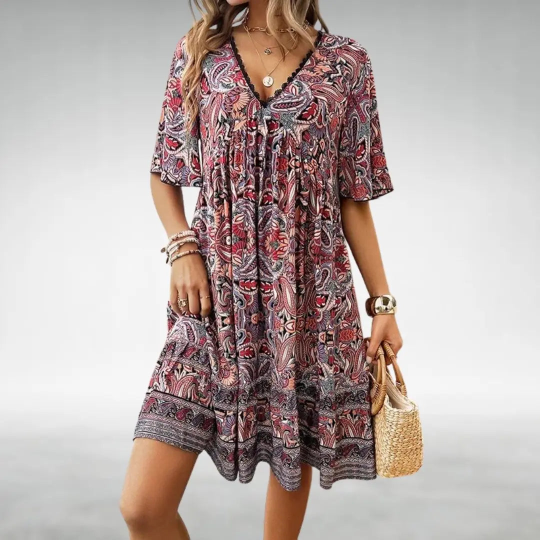 Boho Paisley Mini Dress V-Neck Short Sleeve - Red