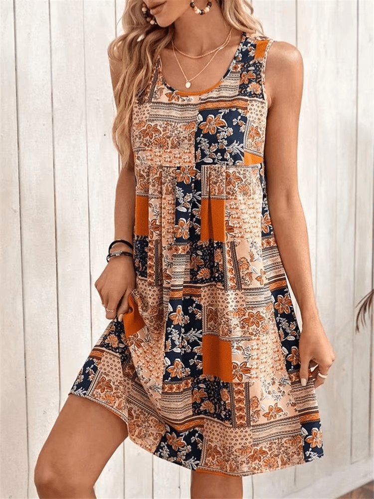Boho Patchwork Mini Dress Sleeveless Summer - Orange