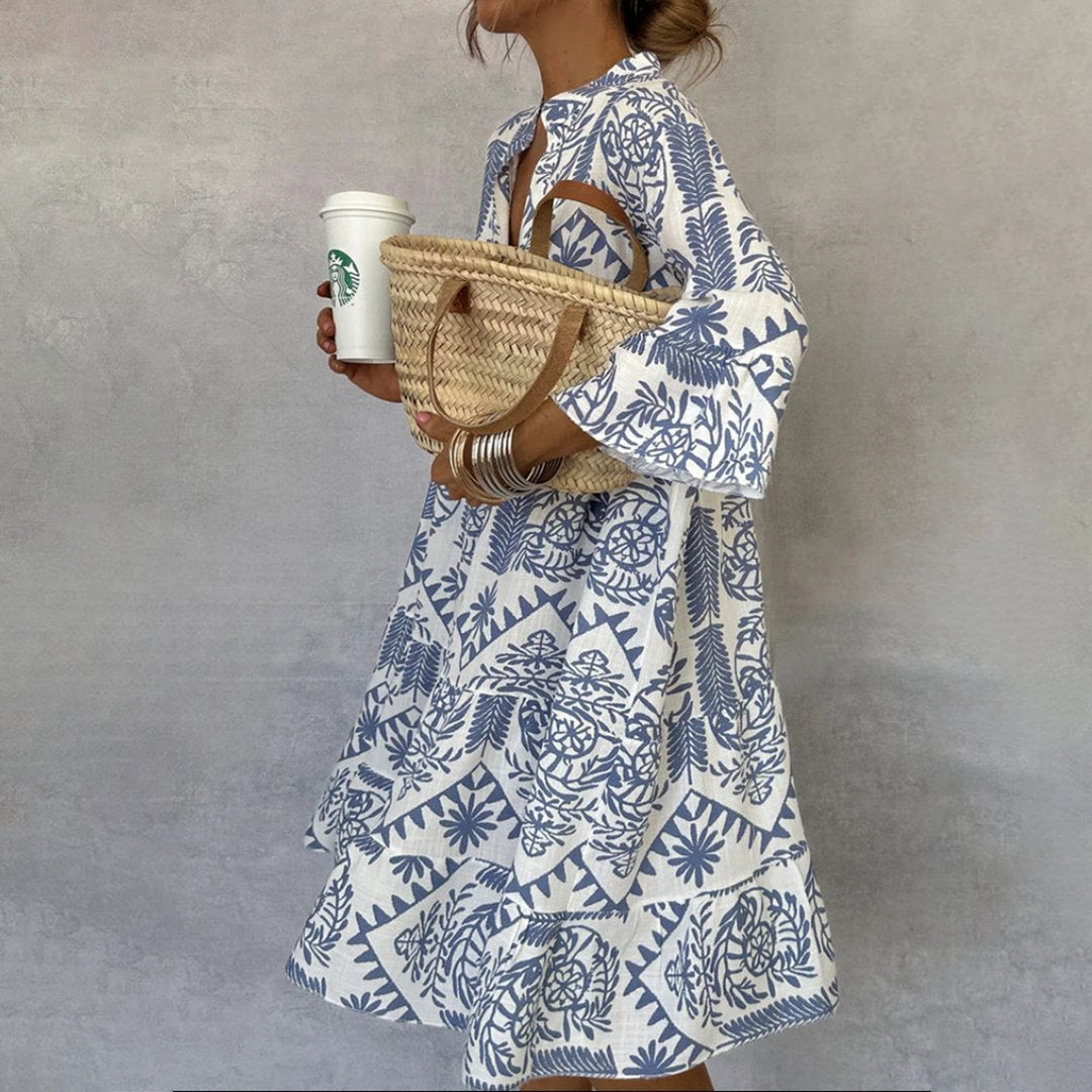 Boho Print V-Neck 3/4 Sleeve Swing Dress - Blue