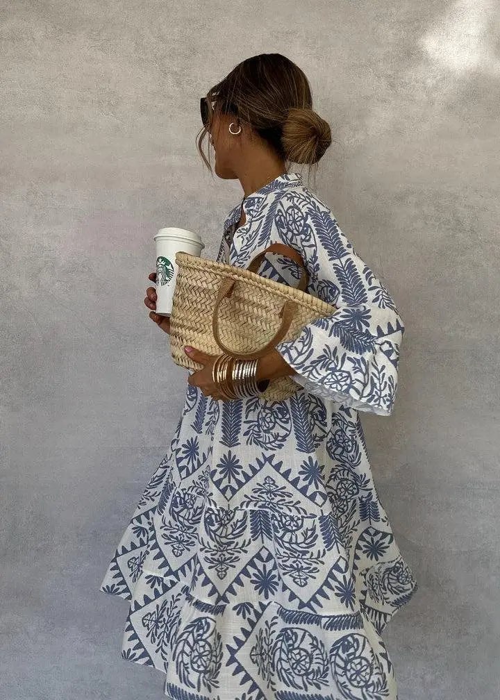 Boho Print V-Neck 3/4 Sleeve Swing Dress