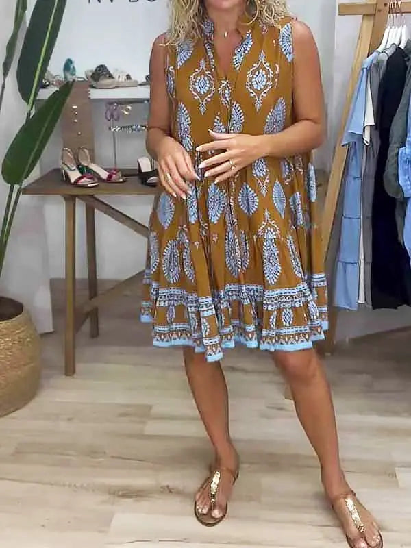 Boho Print V-Neck Sleeveless Tiered Mini Dress - Caramel Brown