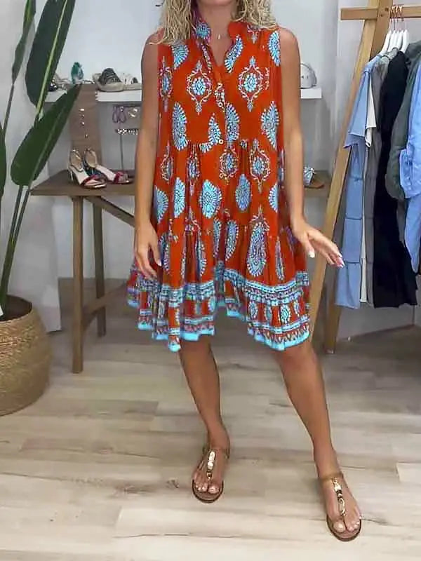 Boho Print V-Neck Sleeveless Tiered Mini Dress - Wine Red