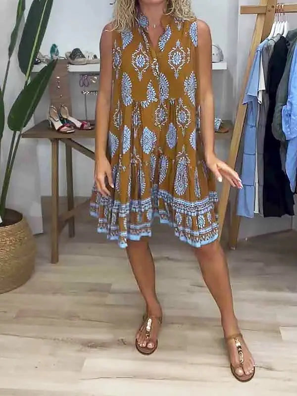 Boho Print V-Neck Sleeveless Tiered Mini Dress
