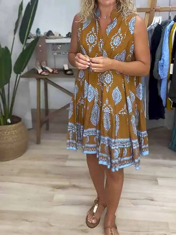 Boho Print V-Neck Sleeveless Tiered Mini Dress