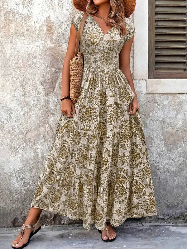 Boho Smocked Maxi Dress V-Neck Tiered - Khaki