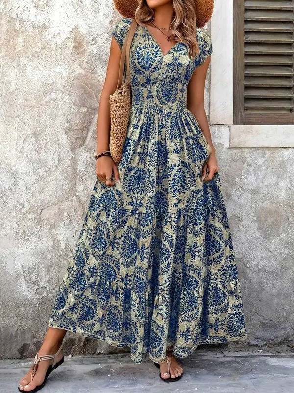 Boho Smocked Maxi Dress V-Neck Tiered - Blue