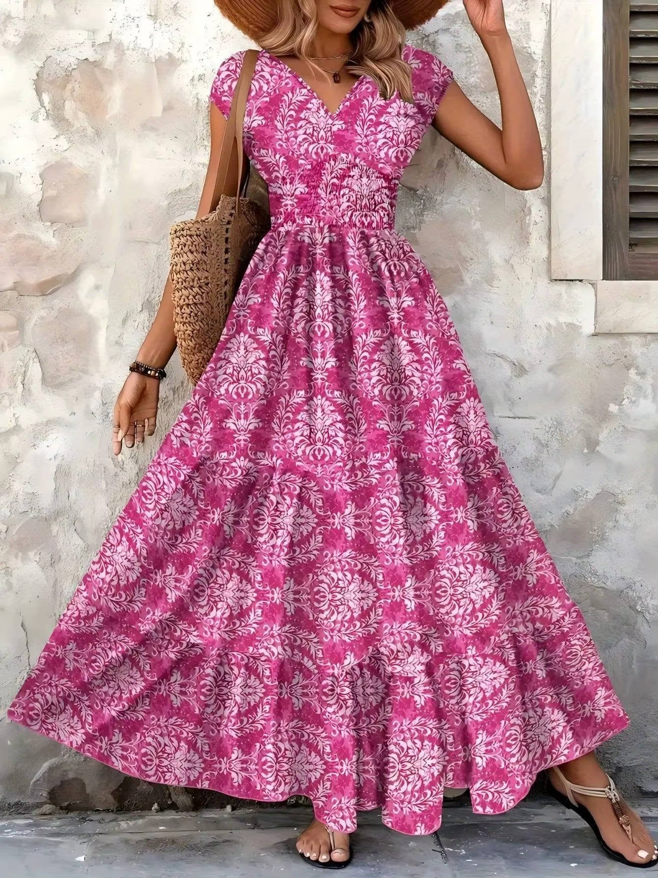 Boho Smocked Maxi Dress V-Neck Tiered - Rose red