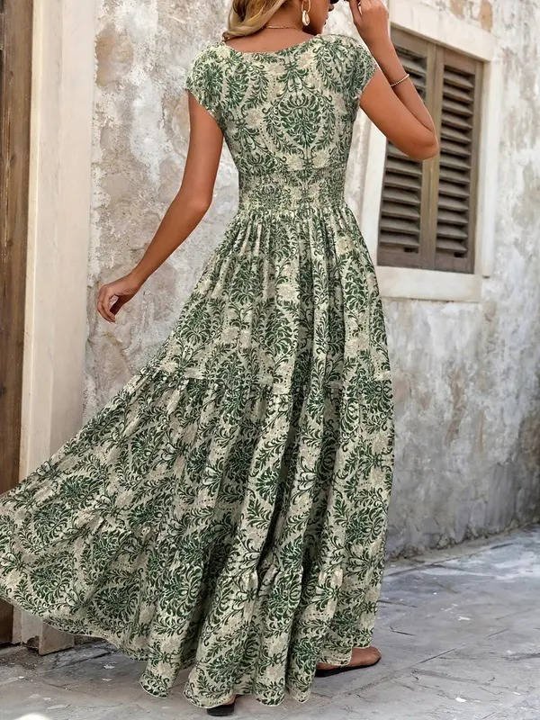 Boho Smocked Maxi Dress V-Neck Tiered