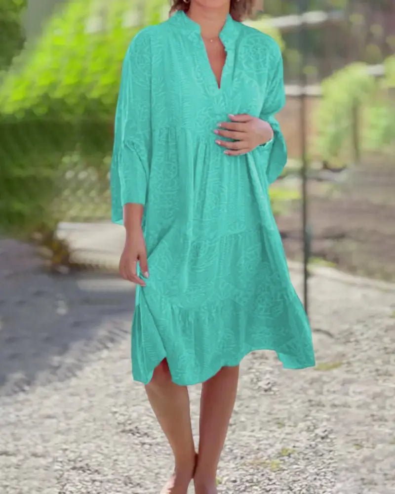 Boho Tiered Midi Dress V-Neck Long Sleeve
