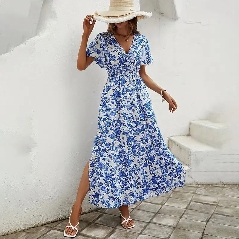 Boho V-Neck Maxi Dress Flowy Short Sleeve