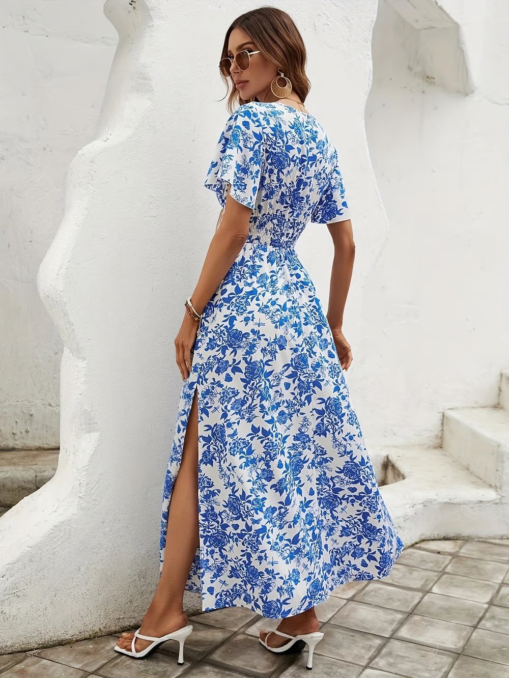 Boho V-Neck Maxi Dress Flowy Short Sleeve