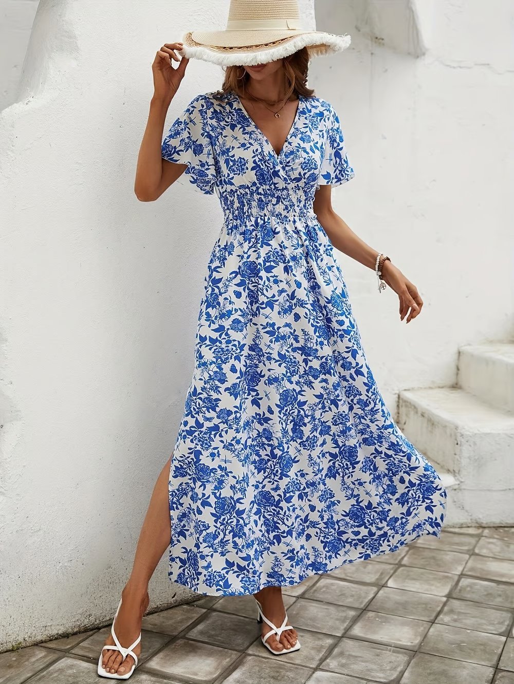 Boho V-Neck Maxi Dress Flowy Short Sleeve