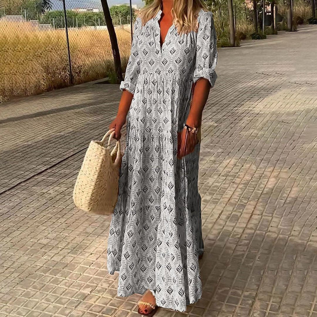 Boho V-Neck Maxi Dress Roll-Up Sleeves - Light Gray