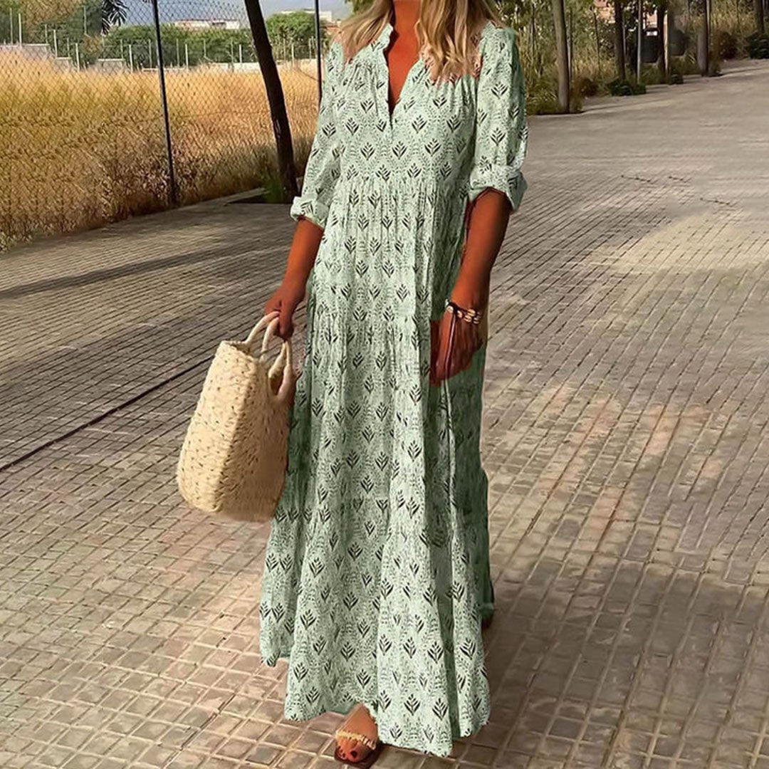 Boho V-Neck Maxi Dress Roll-Up Sleeves - Light Green