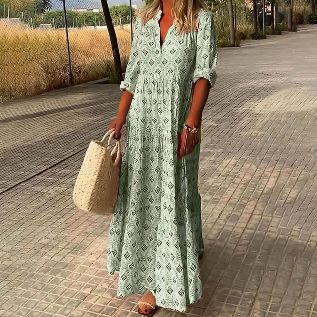 Boho V-Neck Maxi Dress Roll-Up Sleeves - Light Green