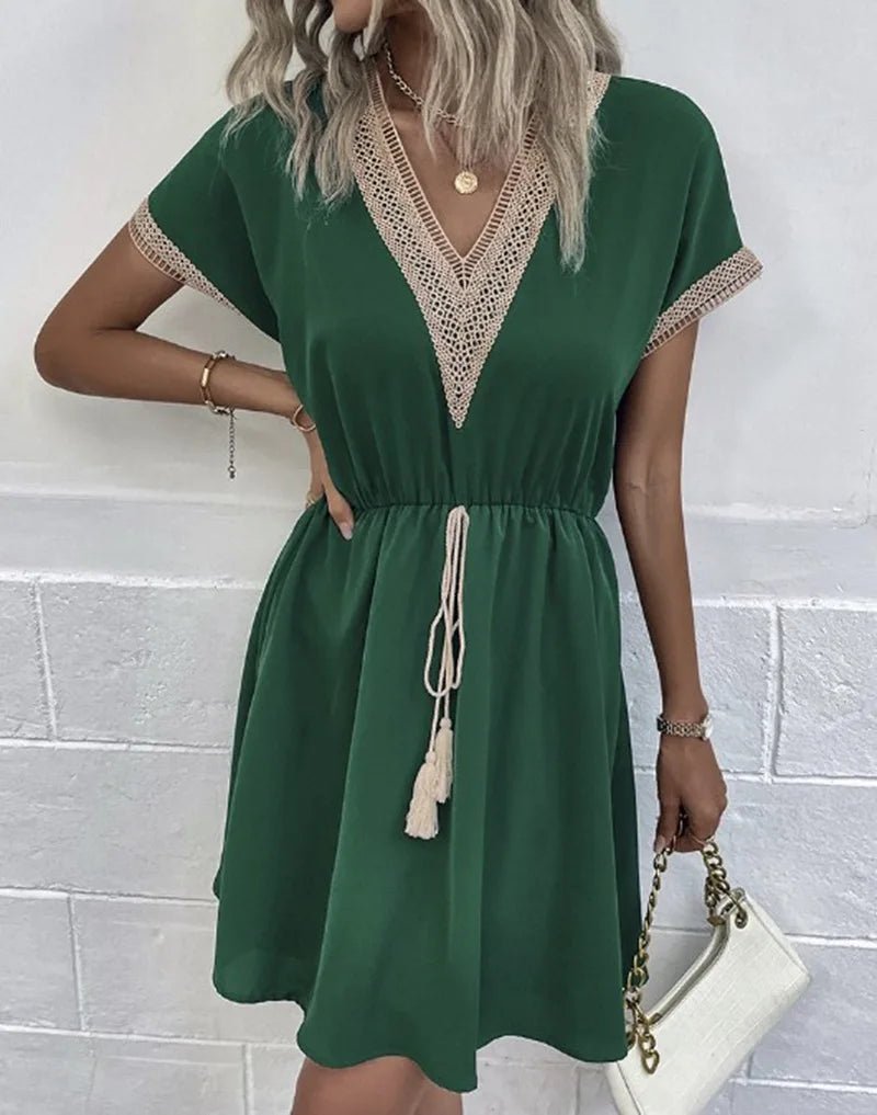 Boho V-Neck Midi Dress Tie Waist Short Sleeve - Green