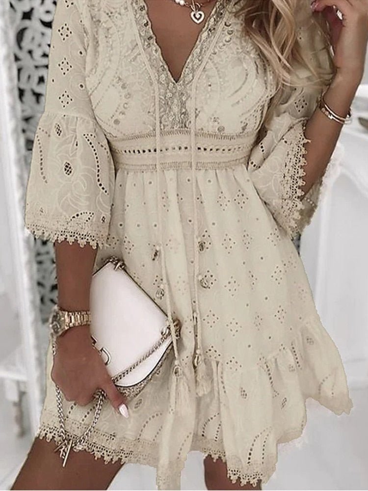 Boho V-Neck Mini Dress Embroidered Lace Bell Sleeves - Beige
