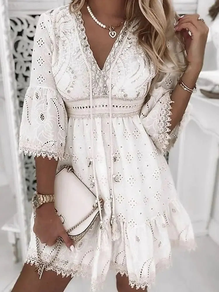 Boho V-Neck Mini Dress Embroidered Lace Bell Sleeves - White