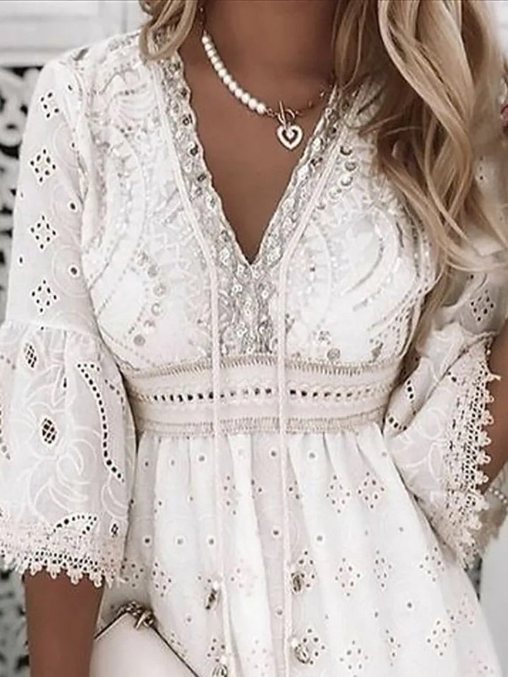 Boho V-Neck Mini Dress Embroidered Lace Bell Sleeves