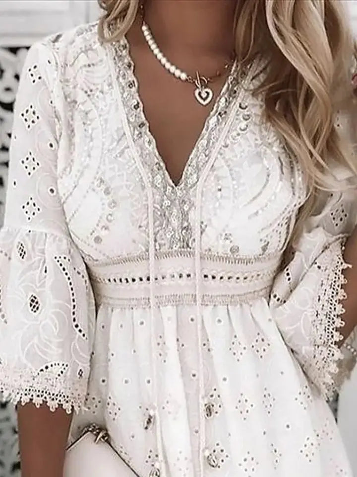 Boho V-Neck Mini Dress Embroidered Lace Bell Sleeves