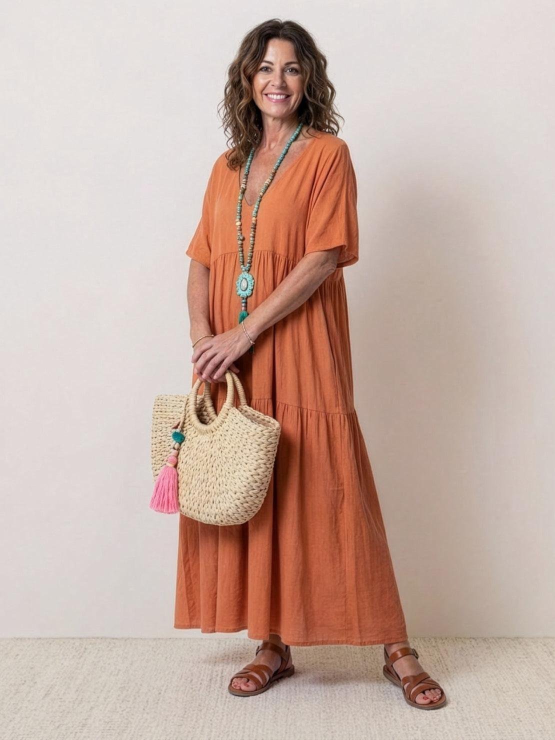 Boho V-Neck Tiered Maxi Swing Dress Short Sleeves - Rusty Orange