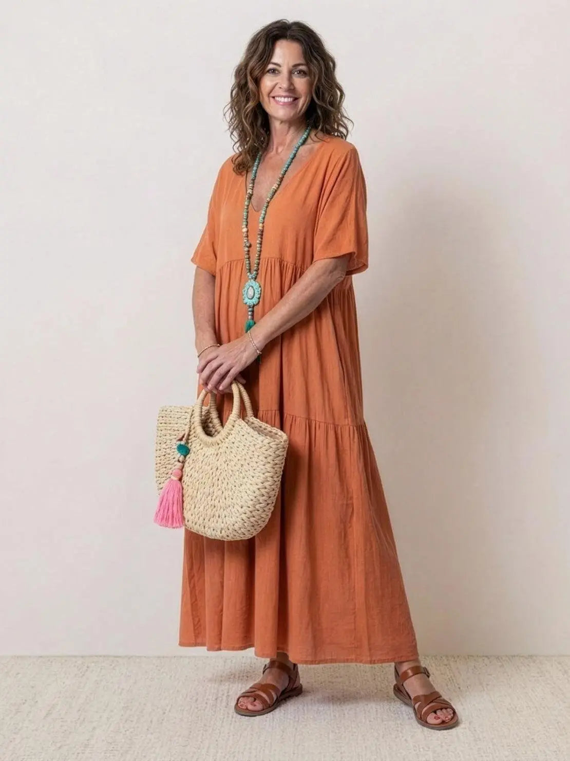 Boho V-Neck Tiered Maxi Swing Dress Short Sleeves - Rusty Orange