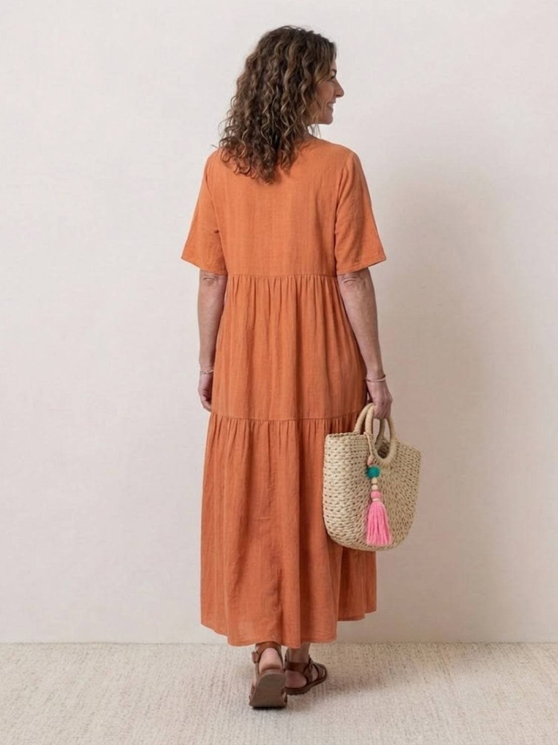 Boho V-Neck Tiered Maxi Swing Dress Short Sleeves