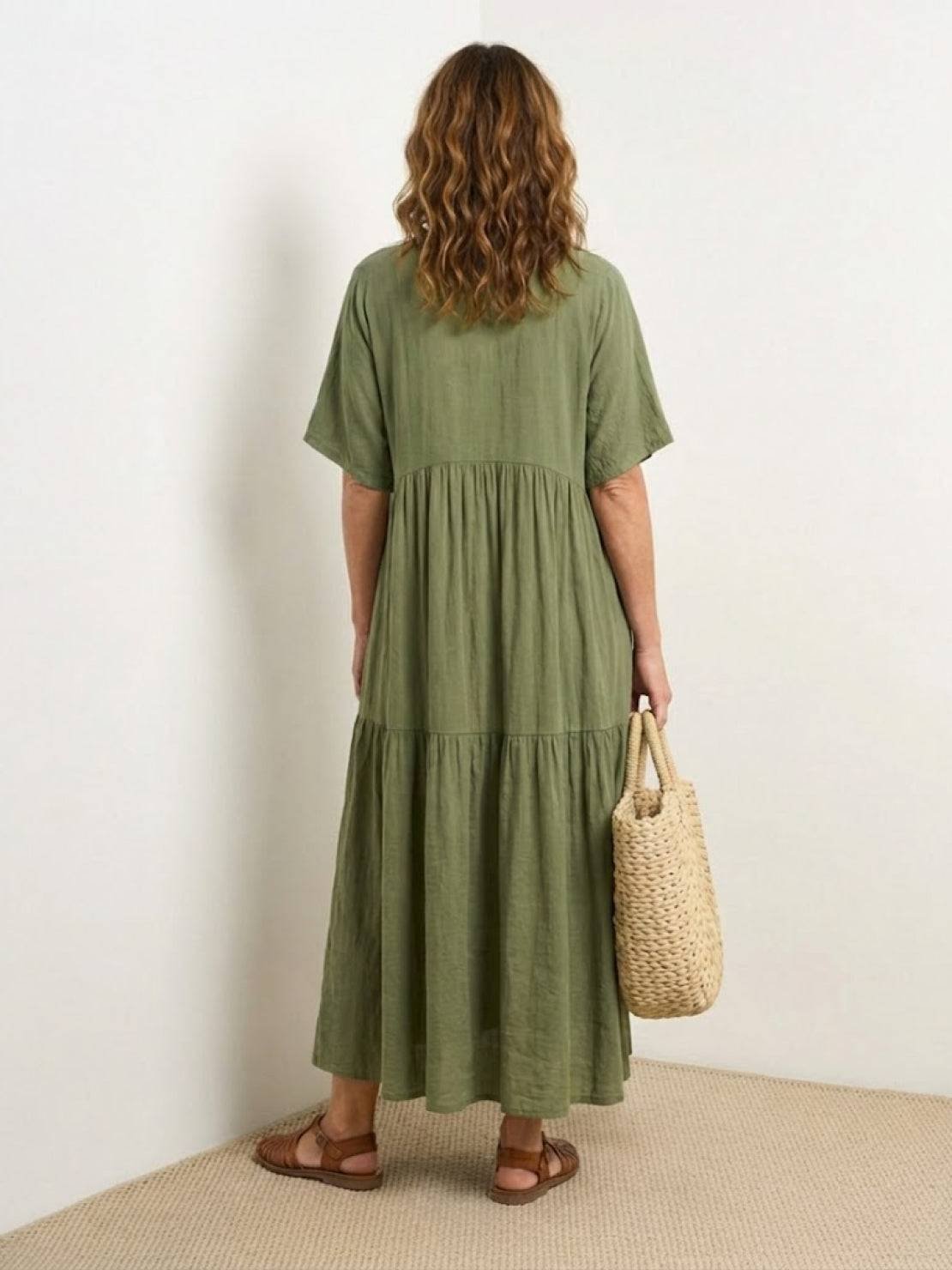 Boho V-Neck Tiered Maxi Swing Dress Short Sleeves