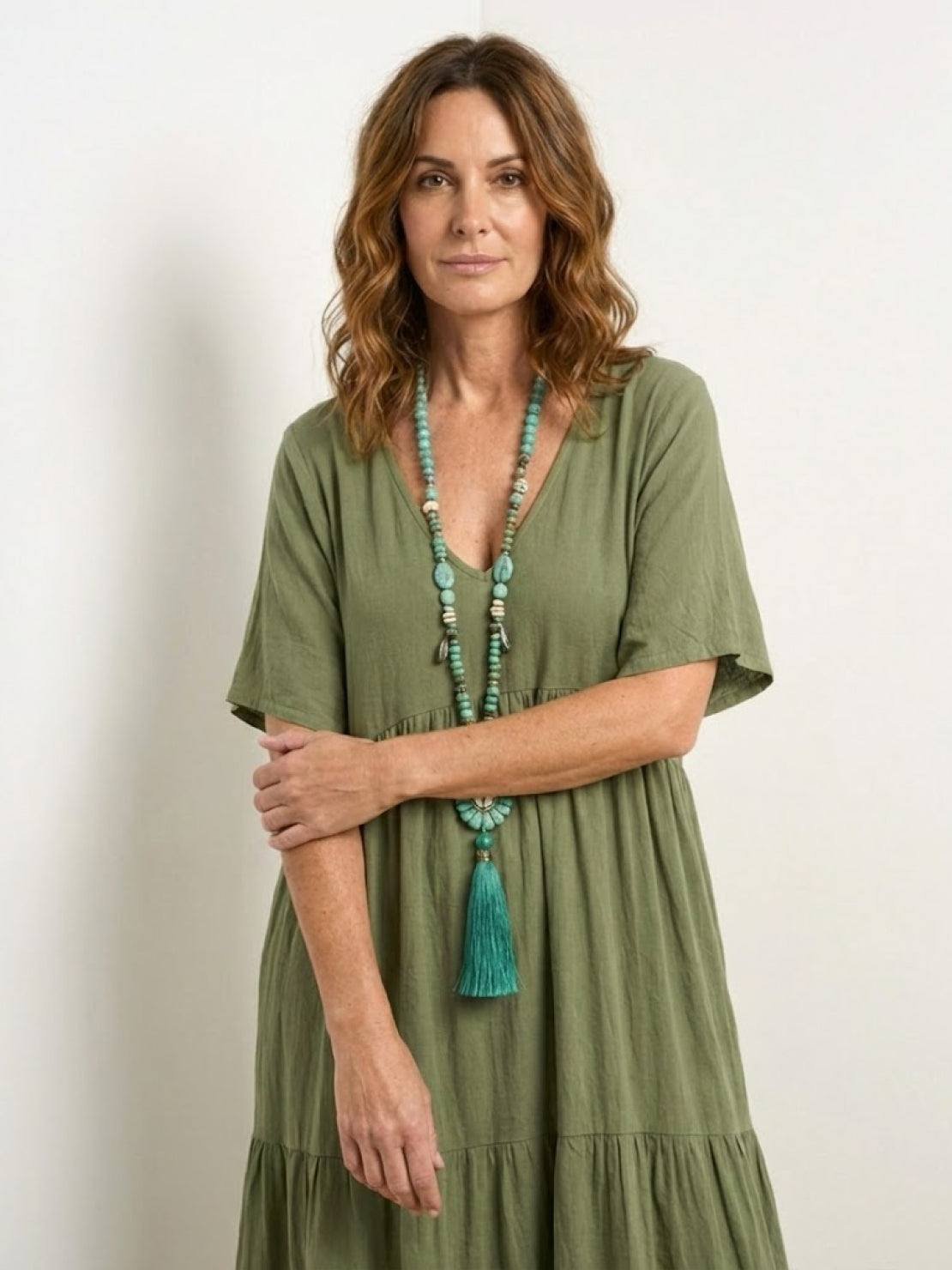 Boho V-Neck Tiered Maxi Swing Dress Short Sleeves