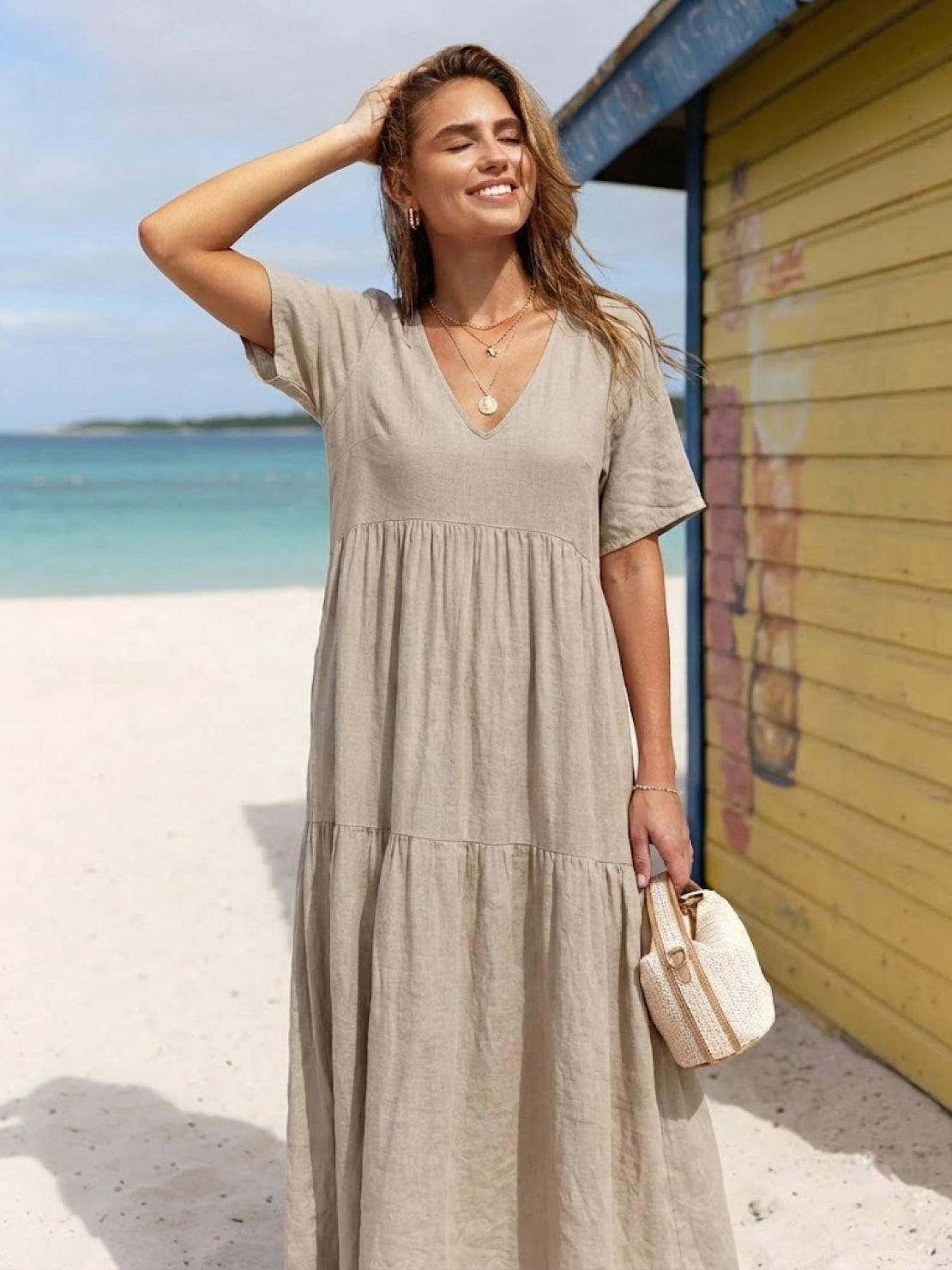 Boho V-Neck Tiered Maxi Swing Dress Short Sleeves