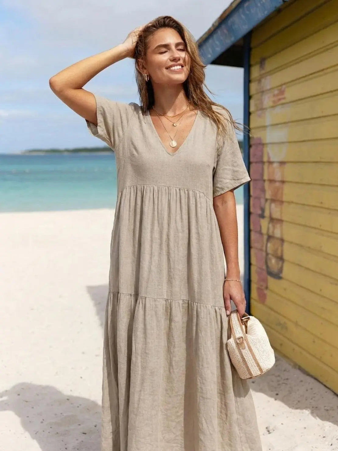 Boho V-Neck Tiered Maxi Swing Dress Short Sleeves