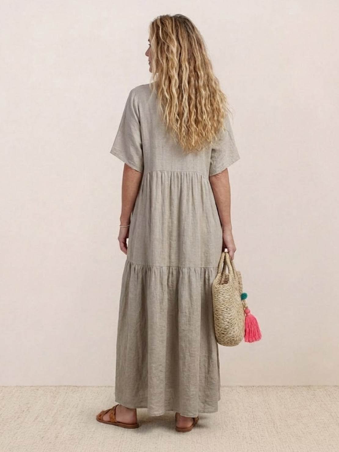 Boho V-Neck Tiered Maxi Swing Dress Short Sleeves