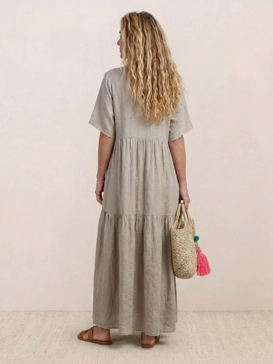 Boho V-Neck Tiered Maxi Swing Dress Short Sleeves