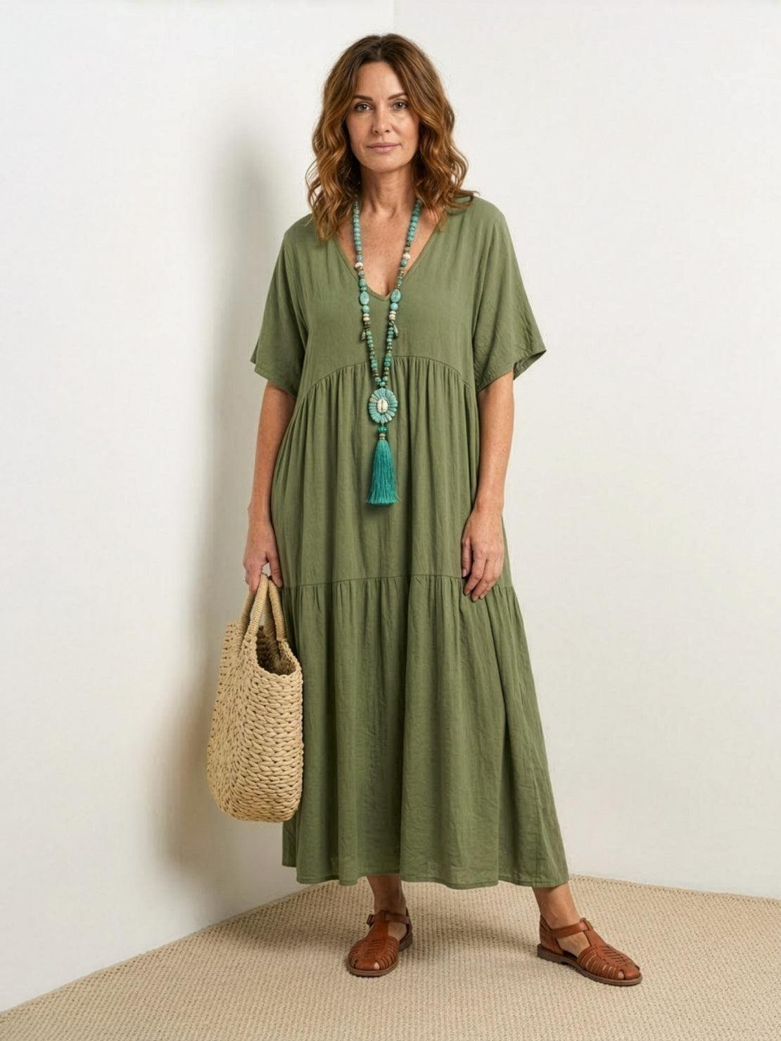 Boho V-Neck Tiered Maxi Swing Dress Short Sleeves - Army Green