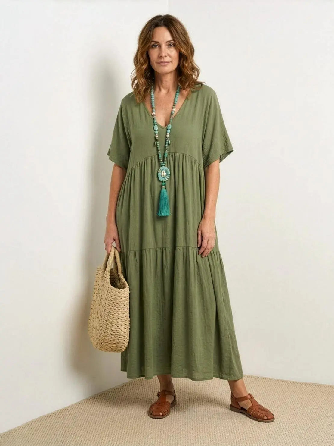 Boho V-Neck Tiered Maxi Swing Dress Short Sleeves - Army Green