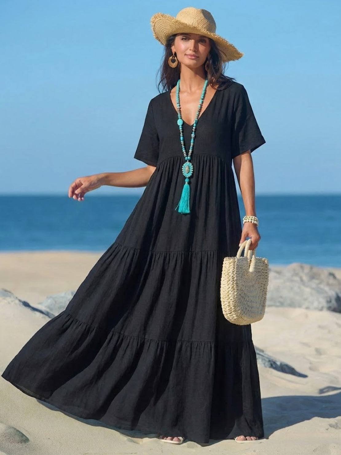 Boho V-Neck Tiered Maxi Swing Dress Short Sleeves