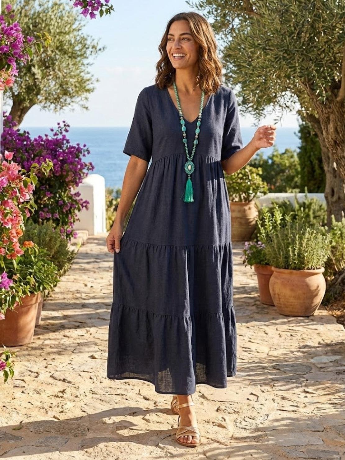Boho V-Neck Tiered Maxi Swing Dress Short Sleeves