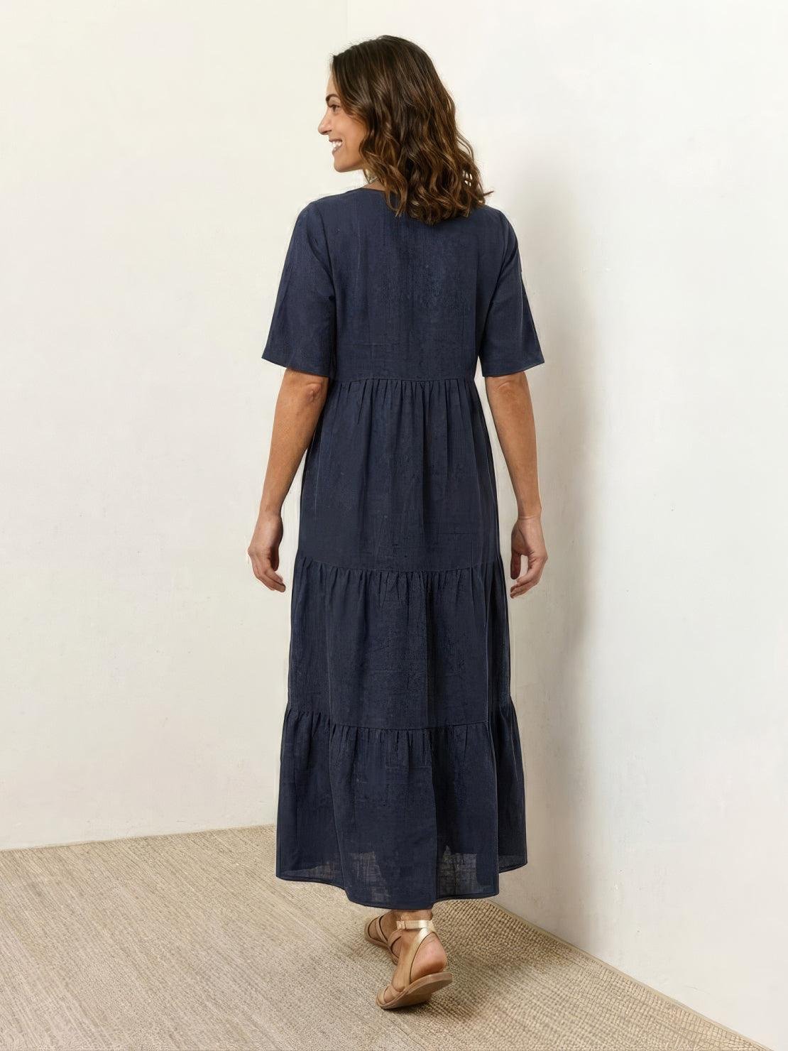 Boho V-Neck Tiered Maxi Swing Dress Short Sleeves