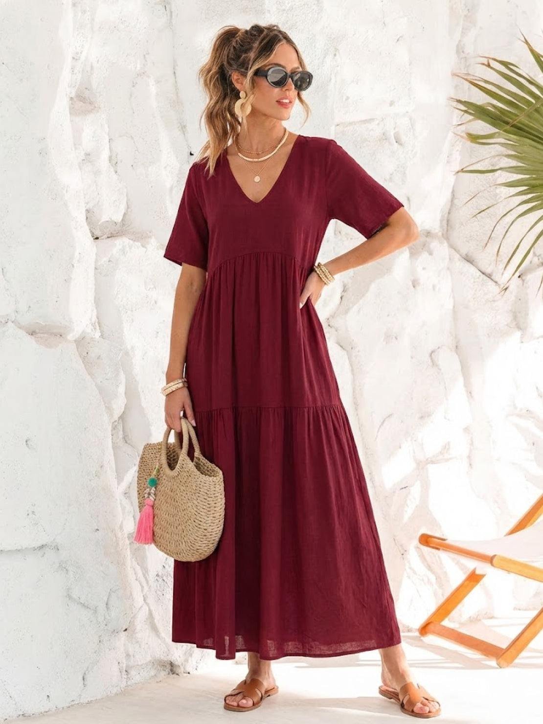 Boho V-Neck Tiered Maxi Swing Dress Short Sleeves