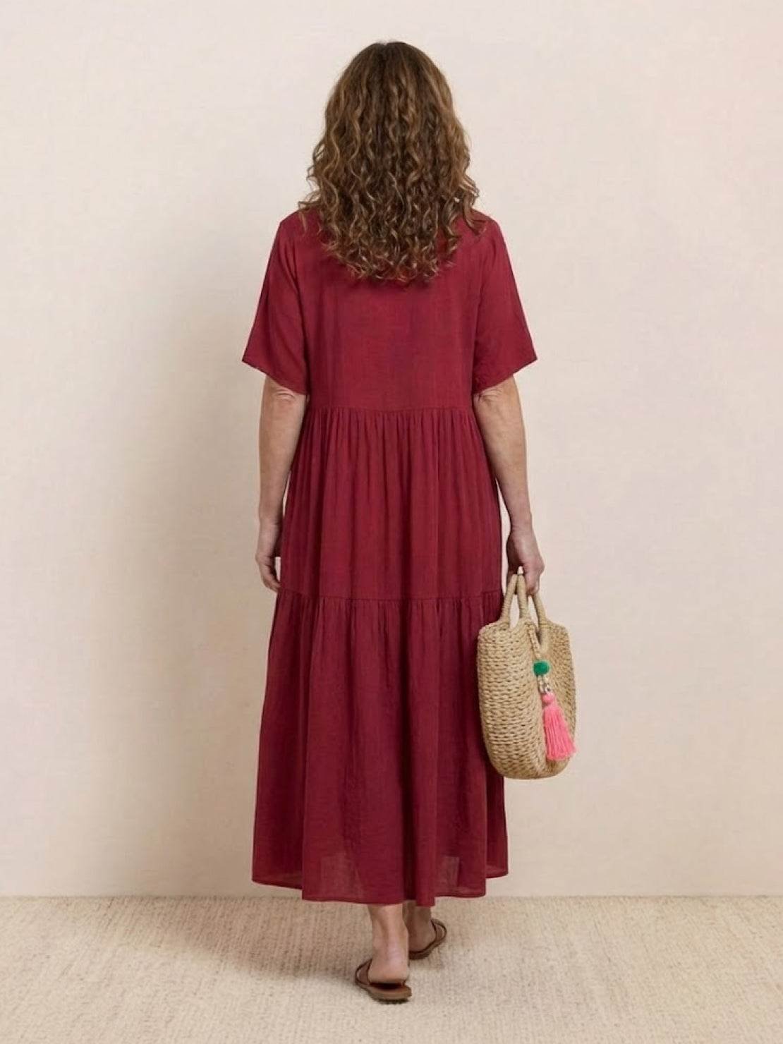 Boho V-Neck Tiered Maxi Swing Dress Short Sleeves