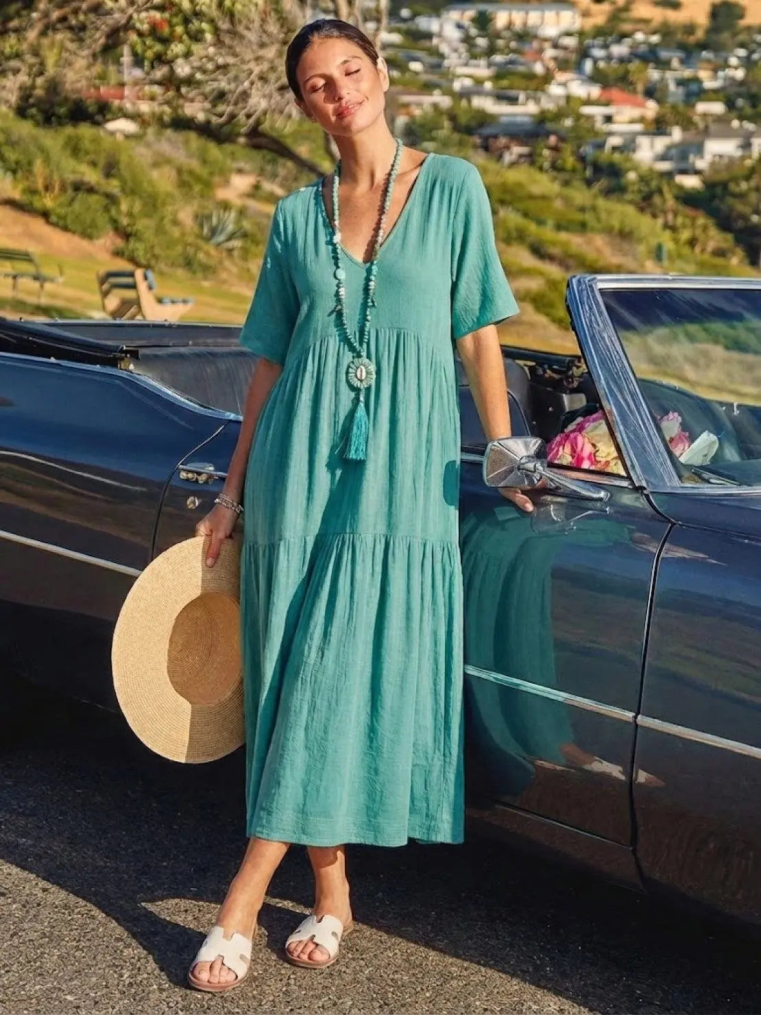 Boho V-Neck Tiered Maxi Swing Dress Short Sleeves