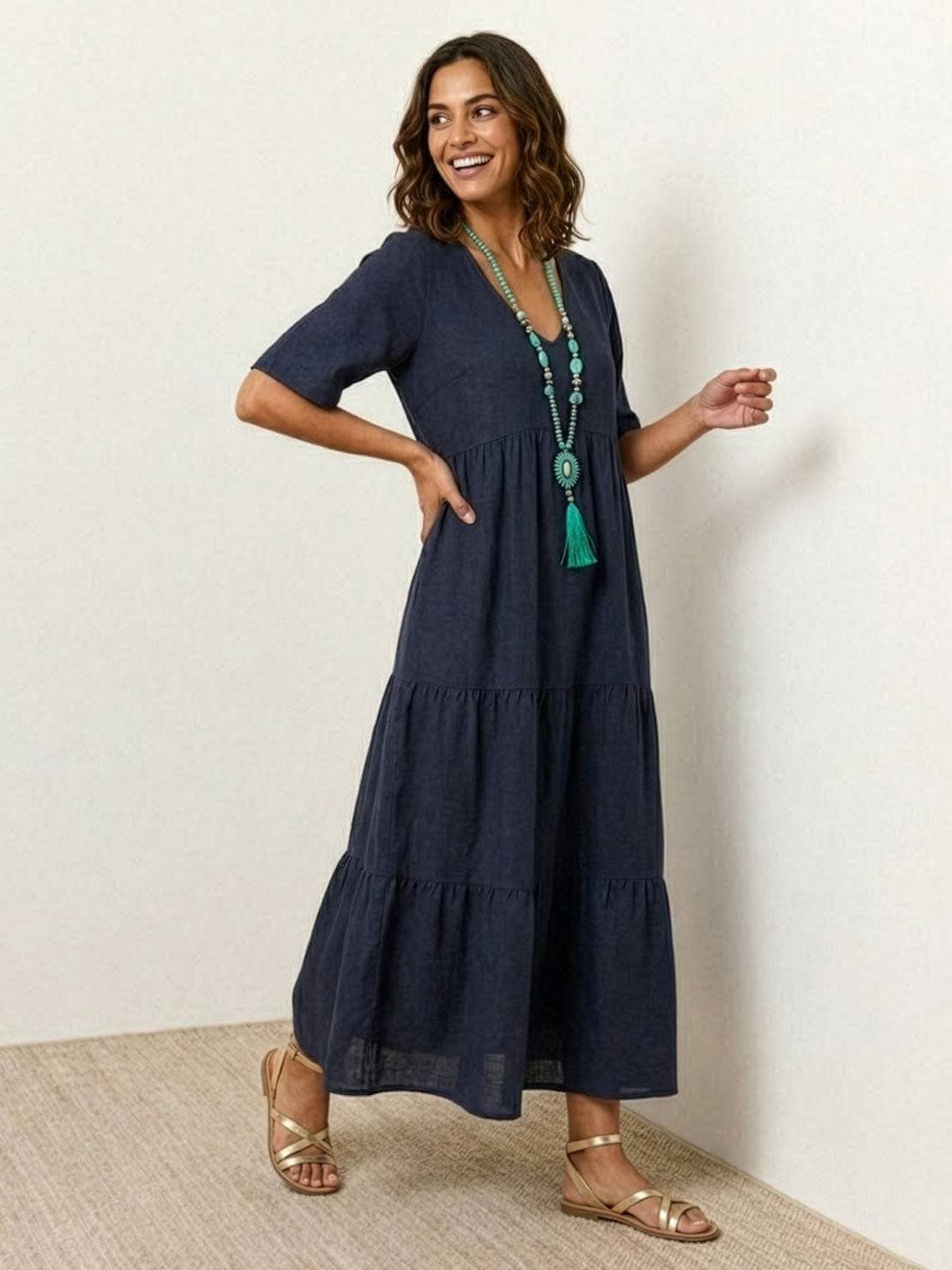 Boho V-Neck Tiered Maxi Swing Dress Short Sleeves - Navy Blue