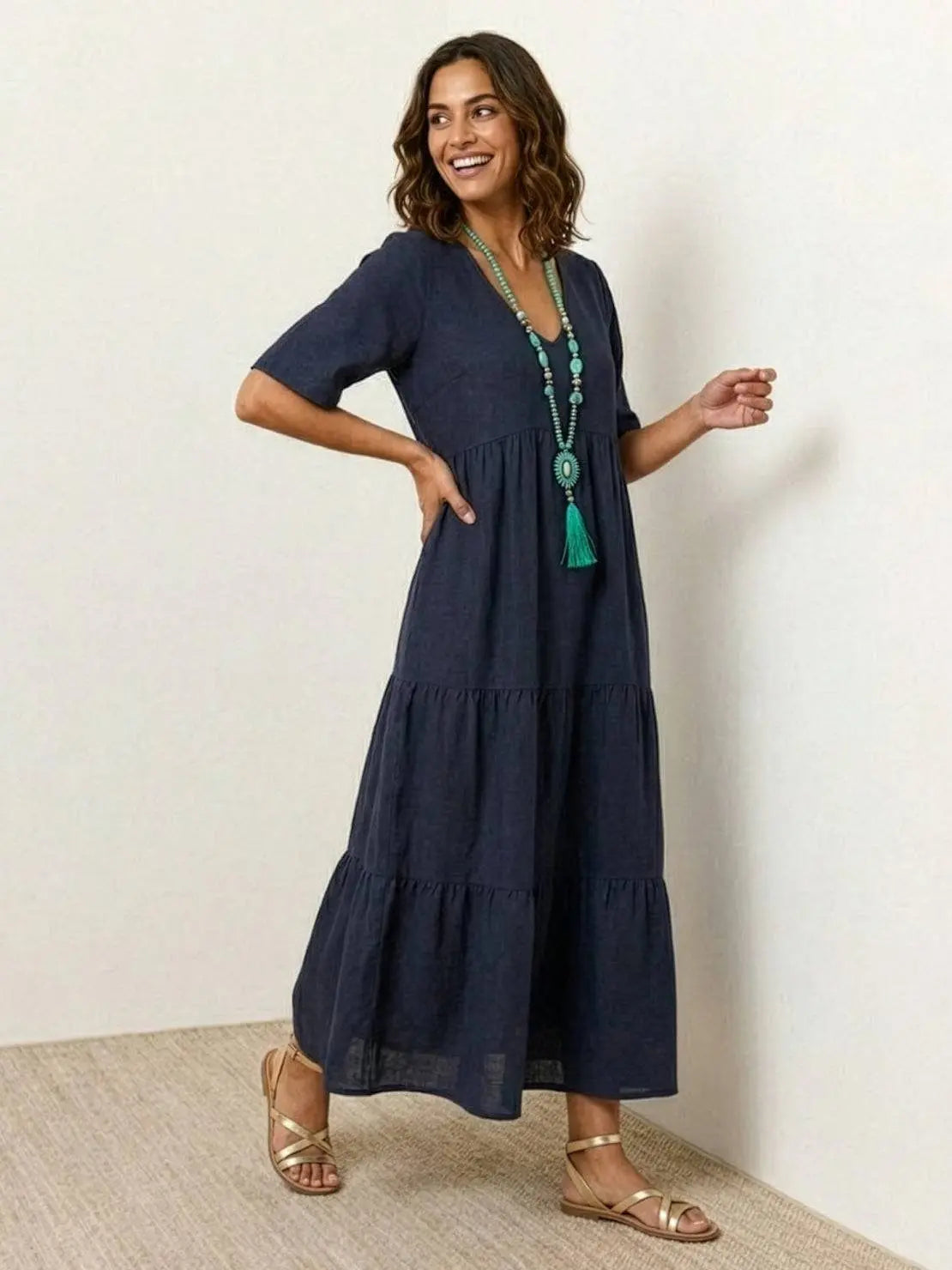 Boho V-Neck Tiered Maxi Swing Dress Short Sleeves - Navy Blue