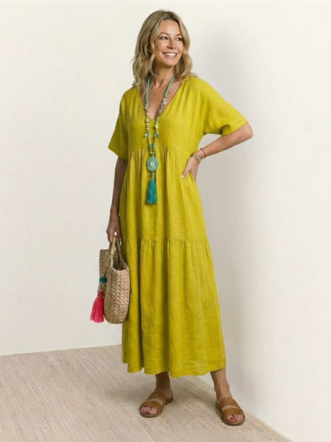 Boho V-Neck Tiered Maxi Swing Dress Short Sleeves - Yellow