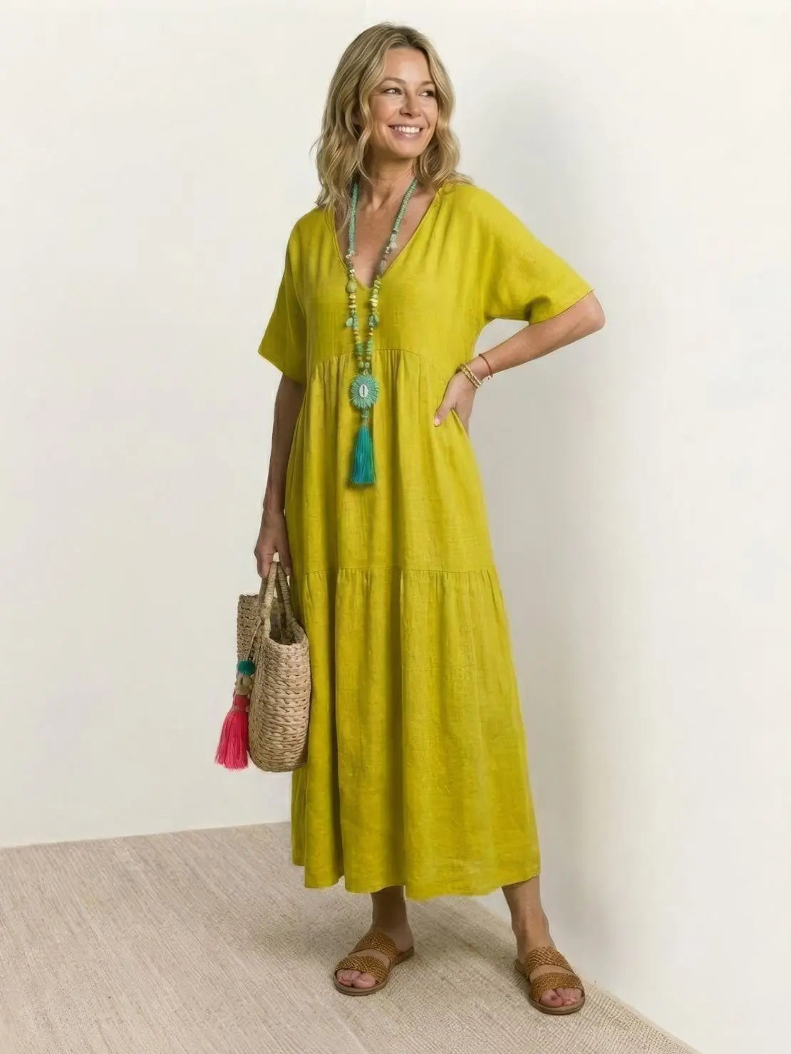 Boho V-Neck Tiered Maxi Swing Dress Short Sleeves - Yellow