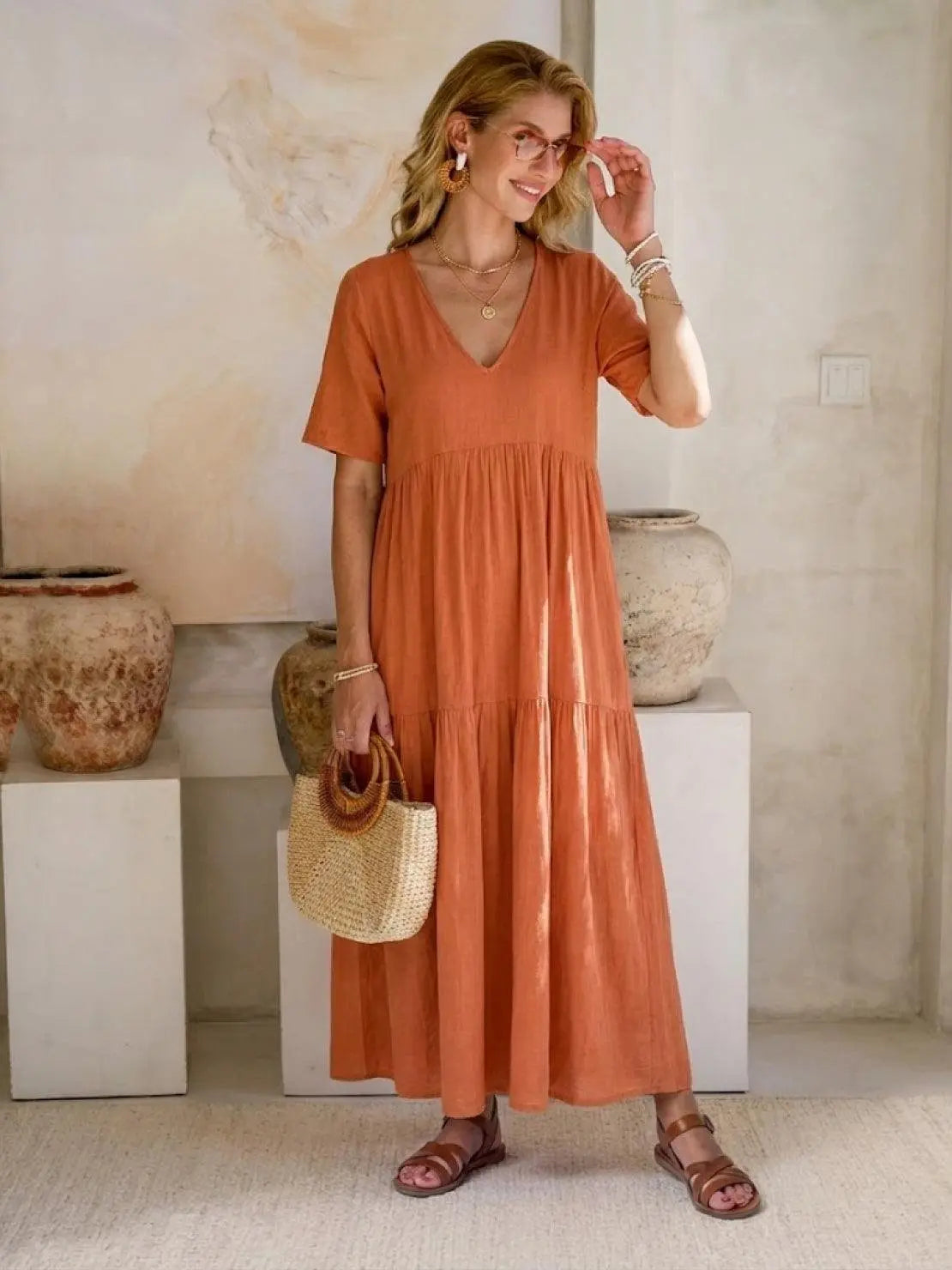 Boho V-Neck Tiered Maxi Swing Dress Short Sleeves