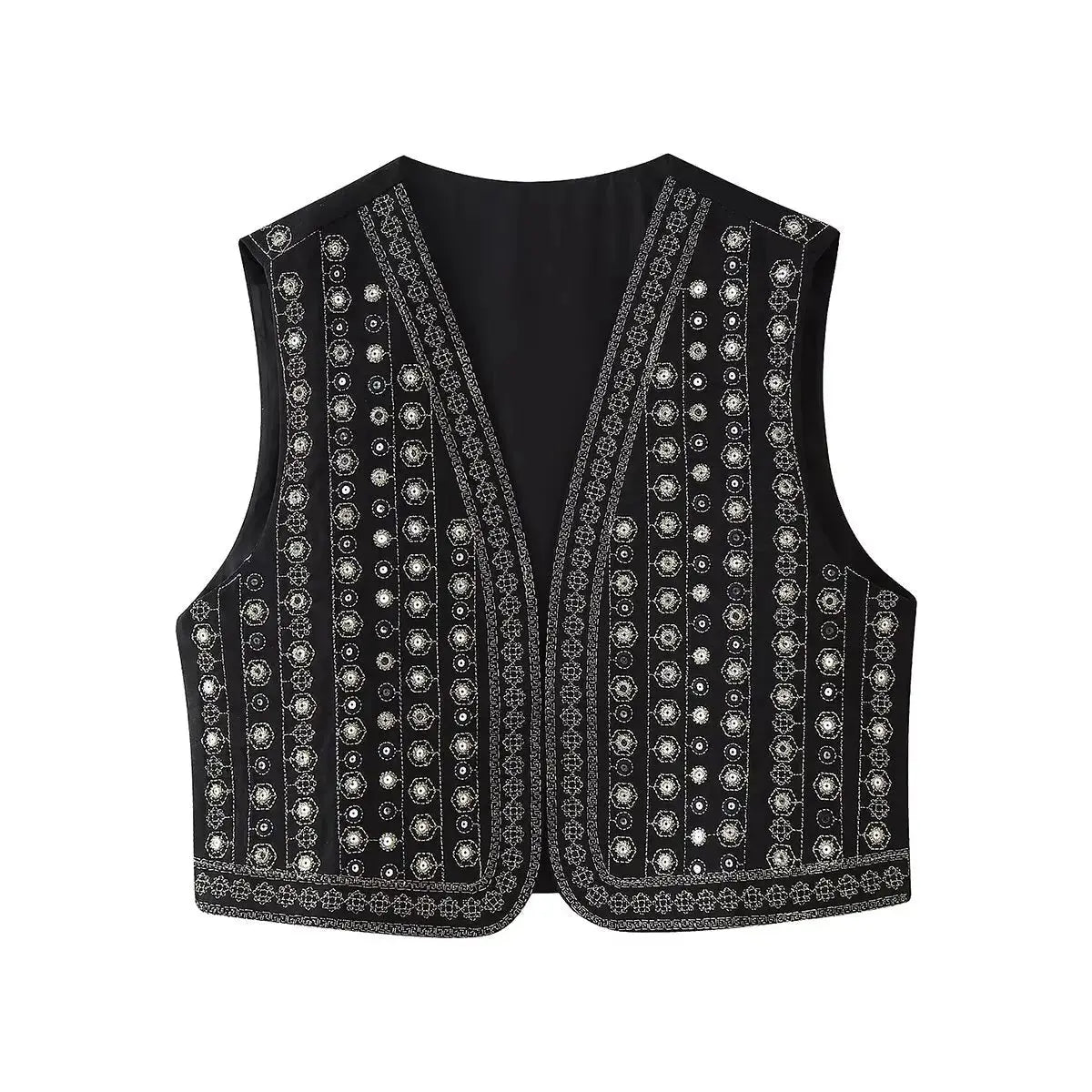 Boho Vest Sequin Embroidered Sleeveless - Black