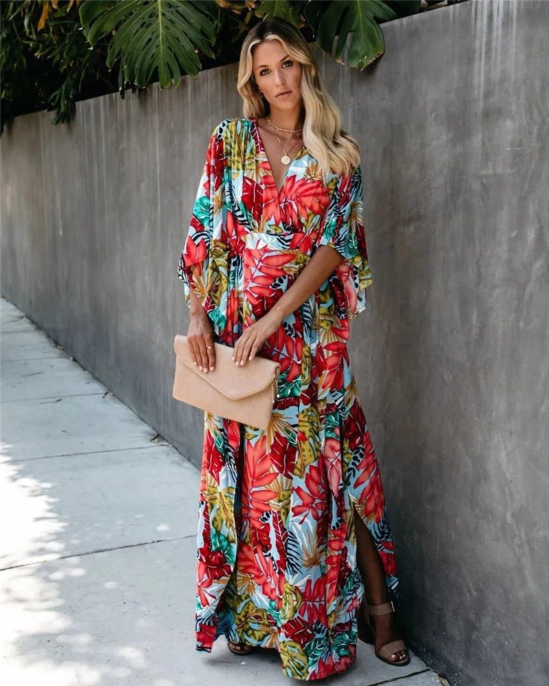 Boho Wrap Maxi Dress Kimono Style Tropical Print